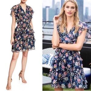 Shoshanna V-Neck 100% Silk Chiffon Ruffle Mini Dress in Navy Floral Size 8 Small